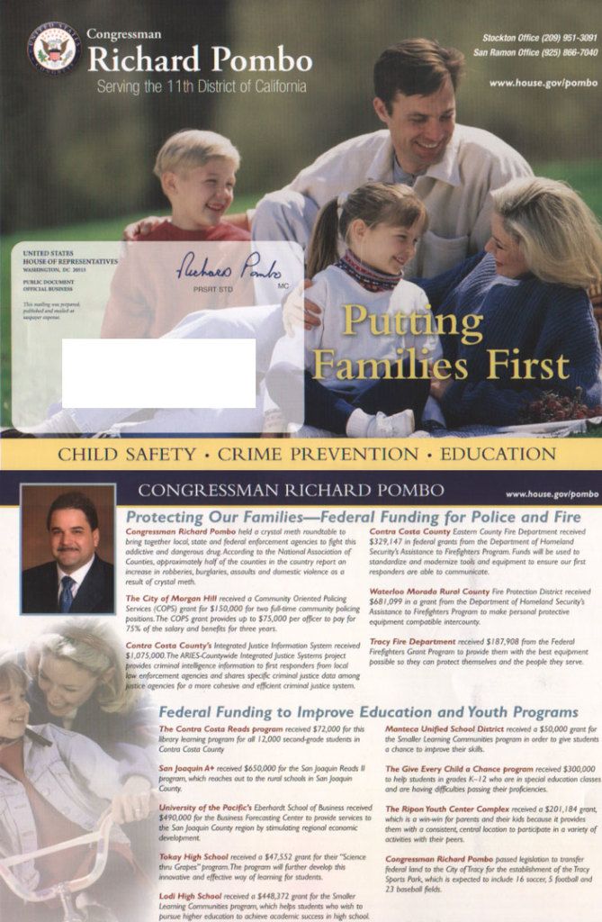 In this picture I can see photos, words, logo, signature and numbers on the brochure.